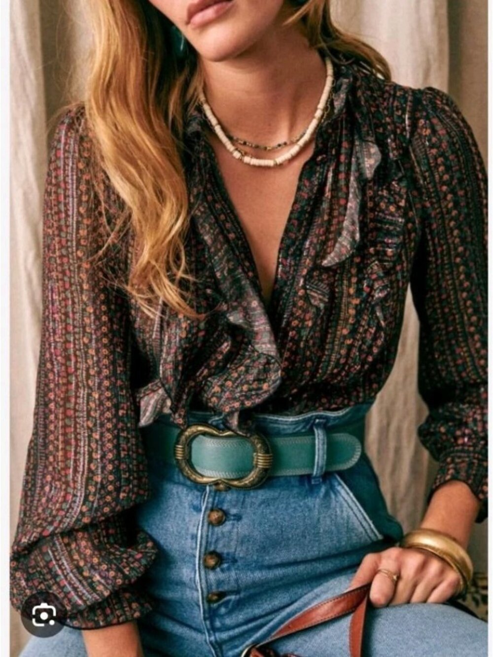 Sezane Celine Shirt Autumn Print Metallic Viscose Ruffle Blouse Size 36 US 4